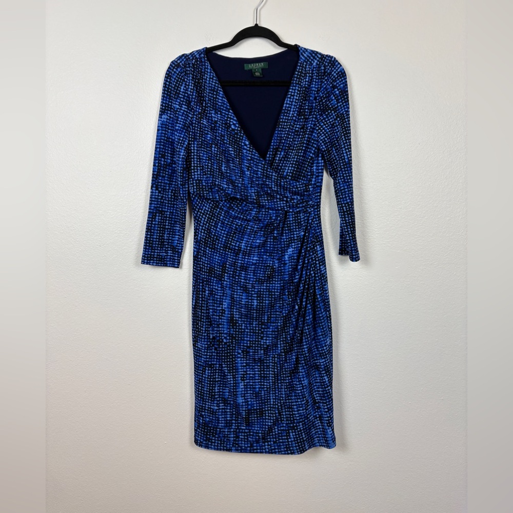 Ralph Lauren Faux Wrap Jersey Career Wear Elegant Blue Patterned Dress 8